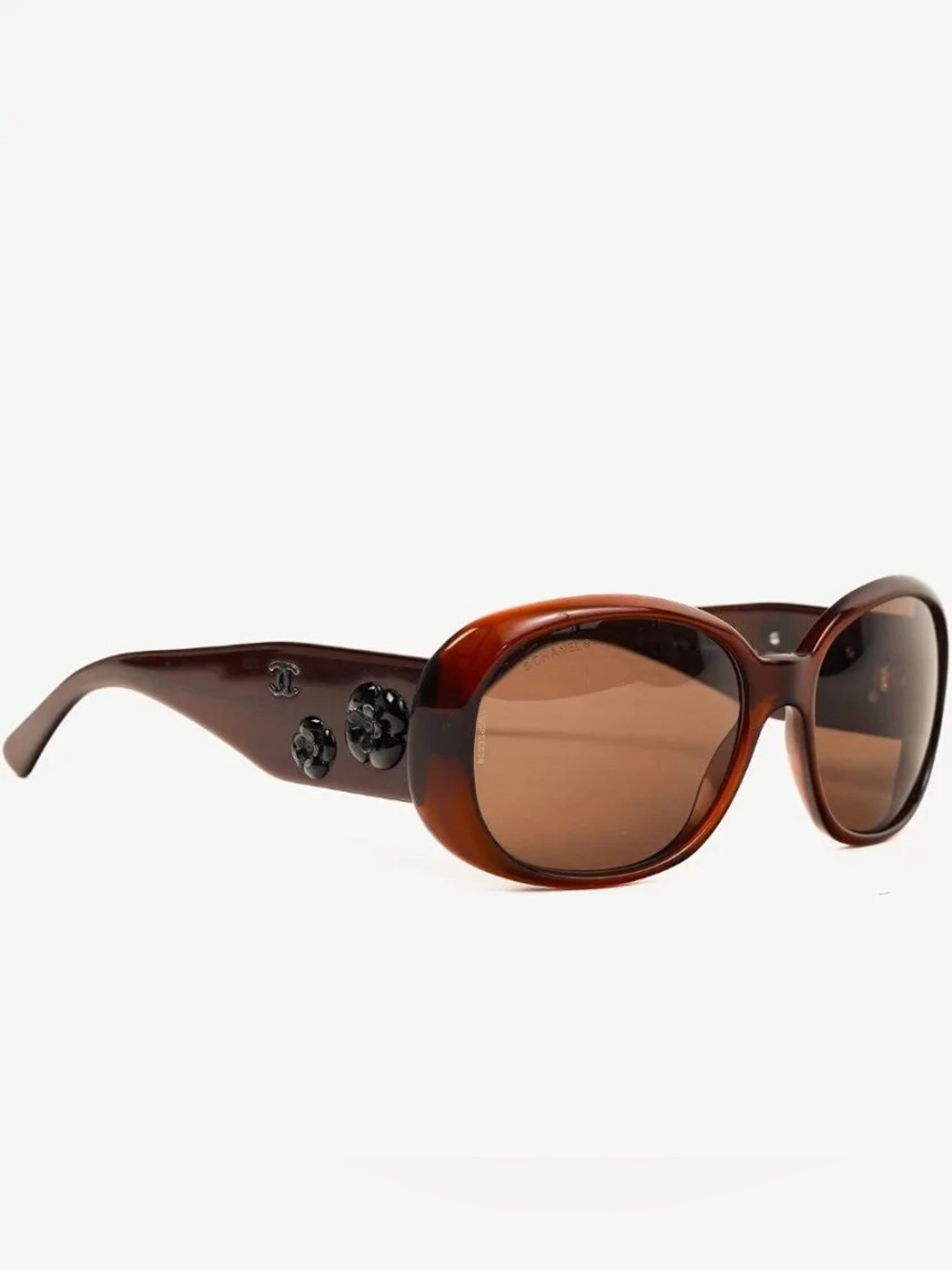 CHANEL Brown Oval Sunglasses with Camellia Accents